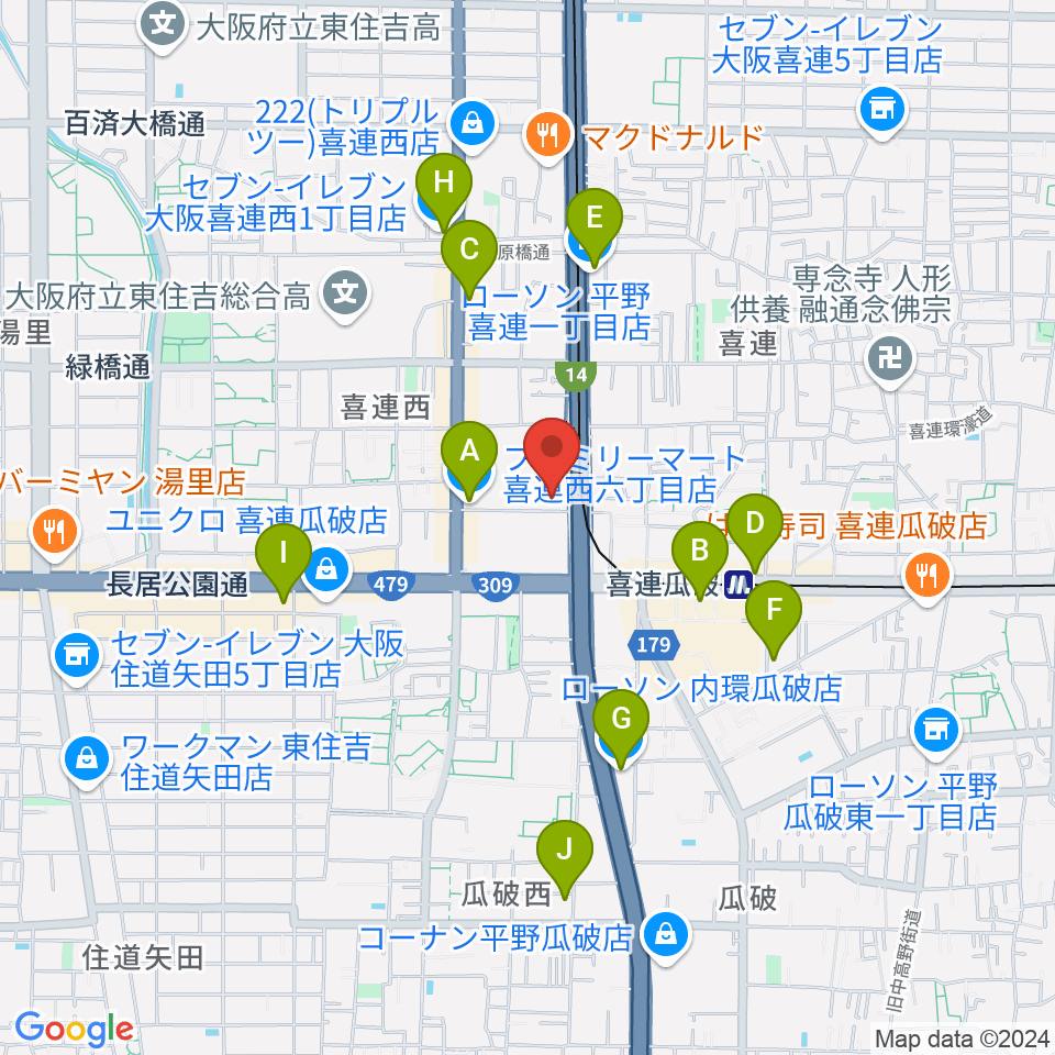 クレオ大阪南周辺のコンビニエンスストア一覧地図