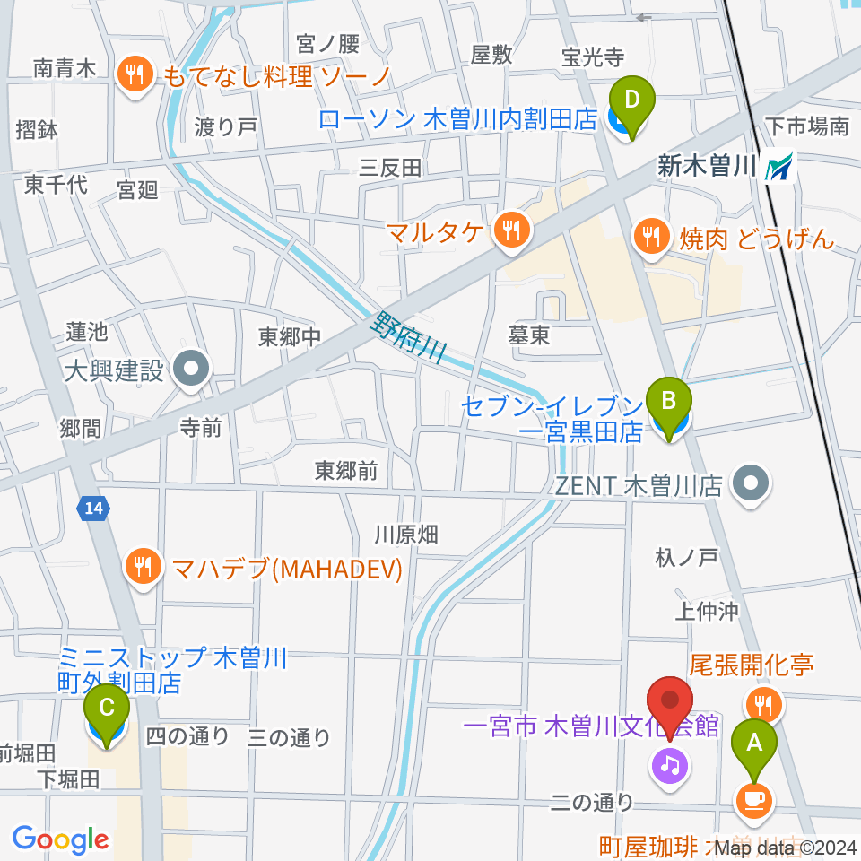 一宮市木曽川文化会館 尾西信金ホール周辺のコンビニエンスストア一覧地図