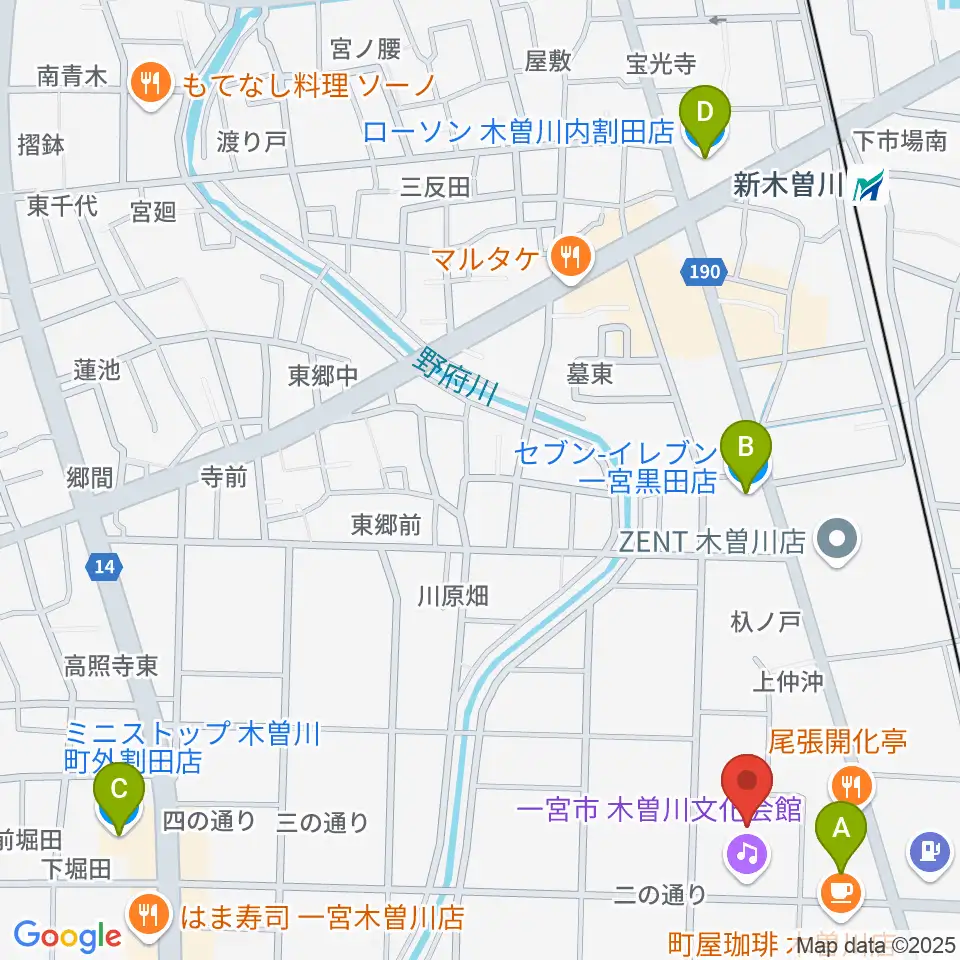一宮市木曽川文化会館 尾西信金ホール周辺のコンビニエンスストア一覧地図