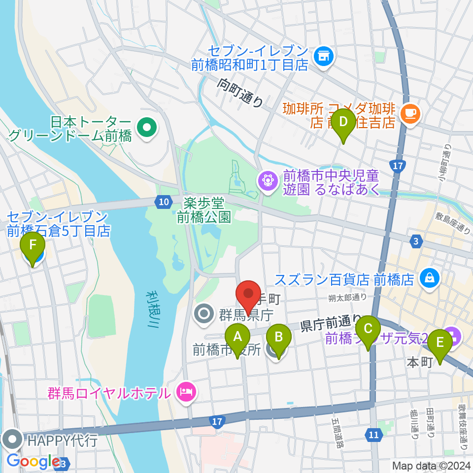 群馬会館周辺のコンビニエンスストア一覧地図