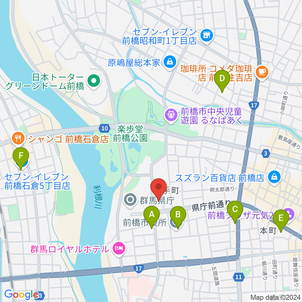 群馬会館周辺のコンビニエンスストア一覧地図