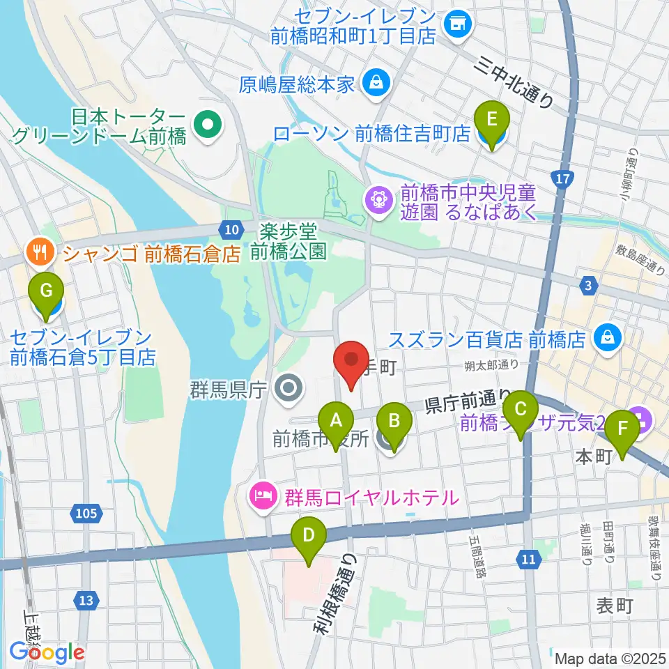 群馬会館周辺のコンビニエンスストア一覧地図