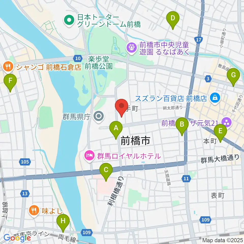 群馬会館周辺のコンビニエンスストア一覧地図