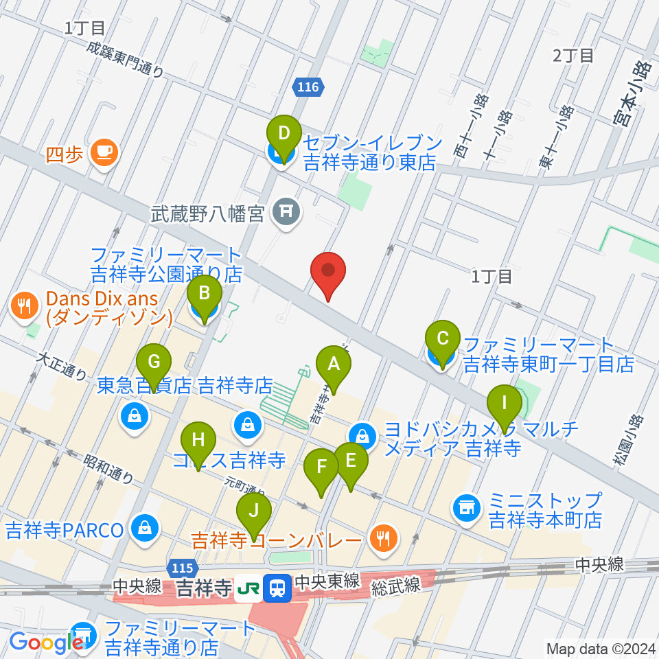 ハードオフ 楽器スタジオ吉祥寺店周辺のコンビニエンスストア一覧地図