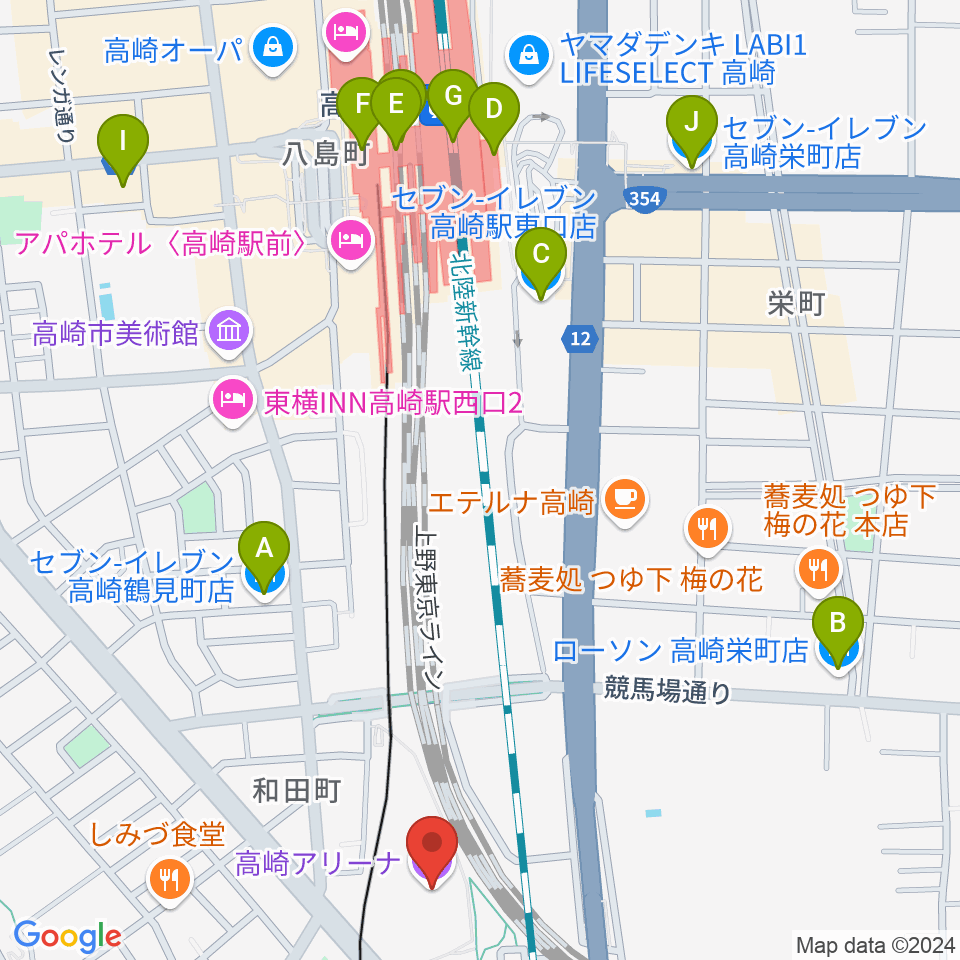 高崎アリーナ周辺のコンビニエンスストア一覧地図