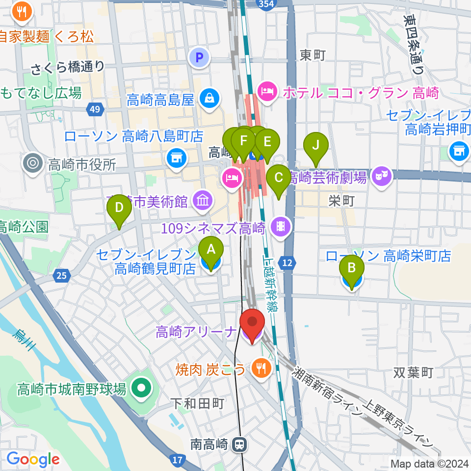 高崎アリーナ周辺のコンビニエンスストア一覧地図