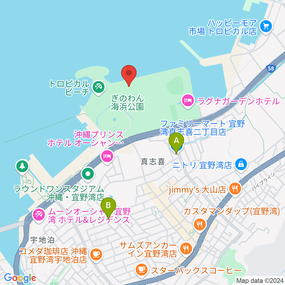 ぎのわん海浜公園屋外劇場周辺のコンビニエンスストア一覧地図