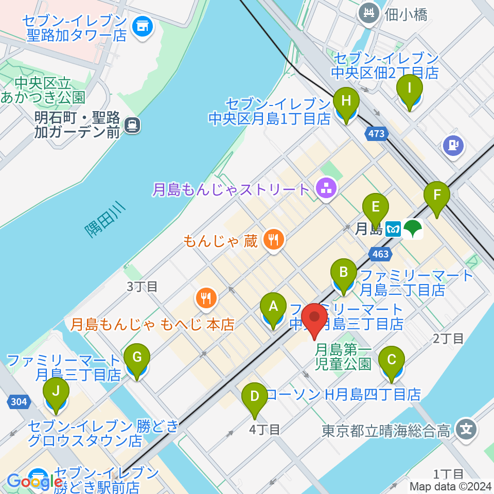 月島社会教育会館周辺のコンビニエンスストア一覧地図