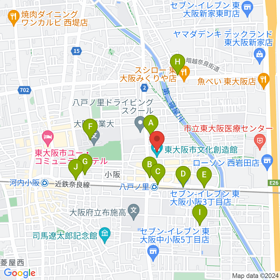 東大阪市文化創造館周辺のコンビニエンスストア一覧地図