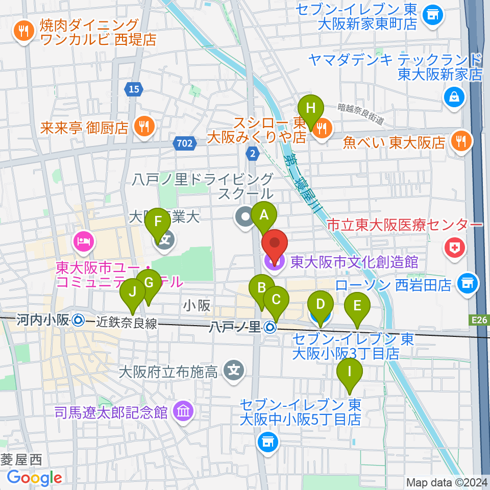 東大阪市文化創造館周辺のコンビニエンスストア一覧地図