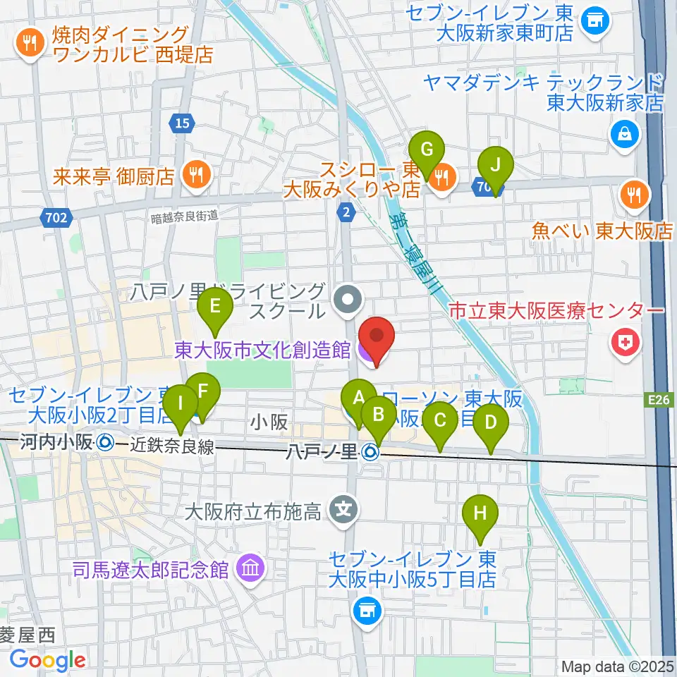東大阪市文化創造館周辺のコンビニエンスストア一覧地図