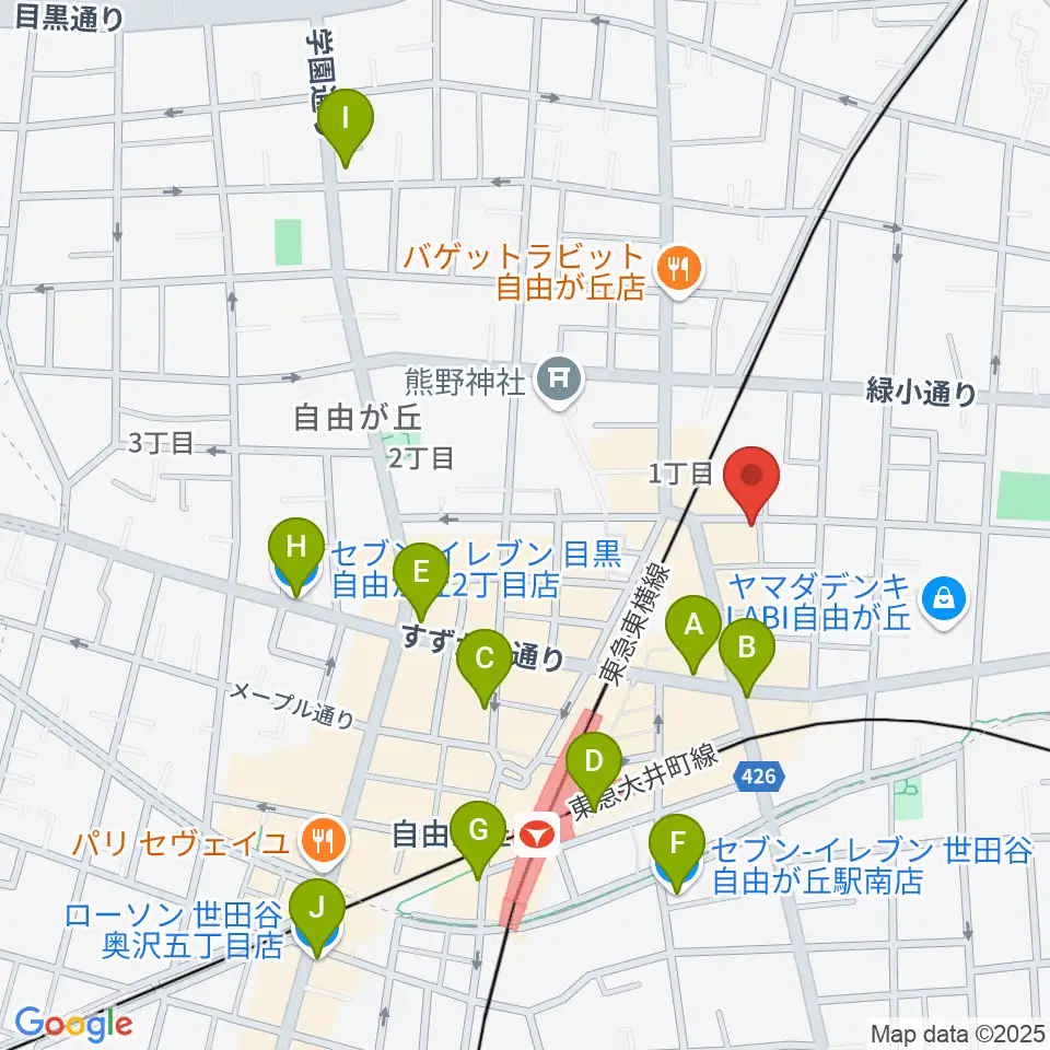 自由が丘オペラ座周辺のコンビニエンスストア一覧地図