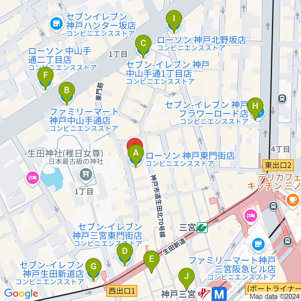 ケイヴ神戸周辺のコンビニエンスストア一覧地図