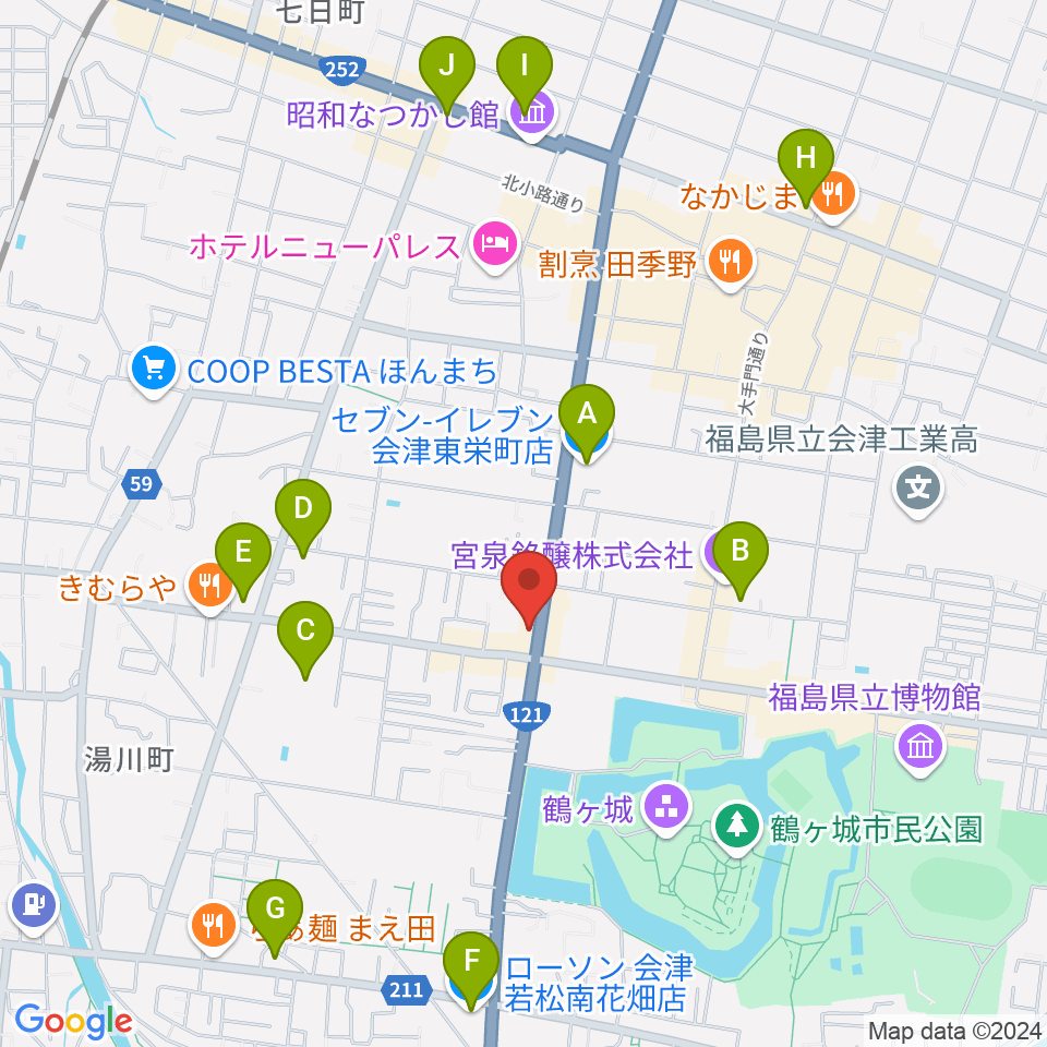 会津若松 まるギター教室＆ベース、ウクレレ周辺のコンビニエンスストア一覧地図