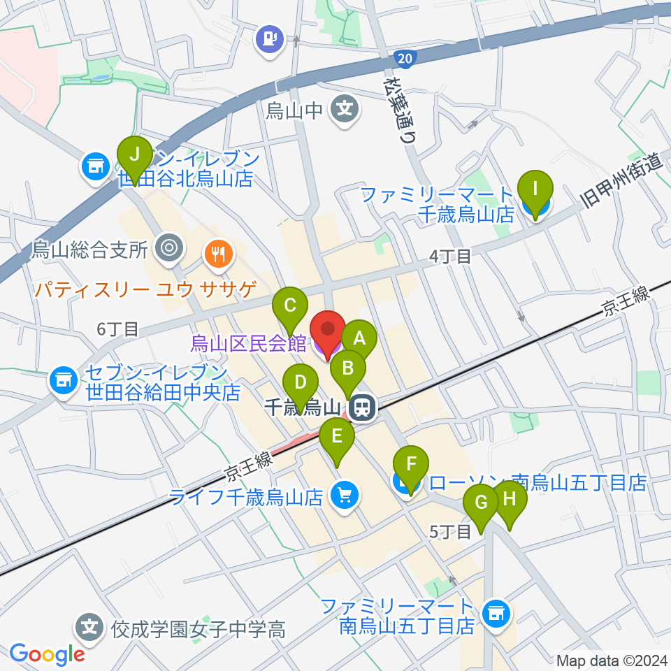 烏山区民会館周辺のコンビニエンスストア一覧地図