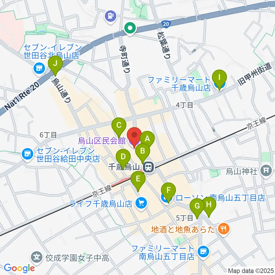 烏山区民会館周辺のコンビニエンスストア一覧地図