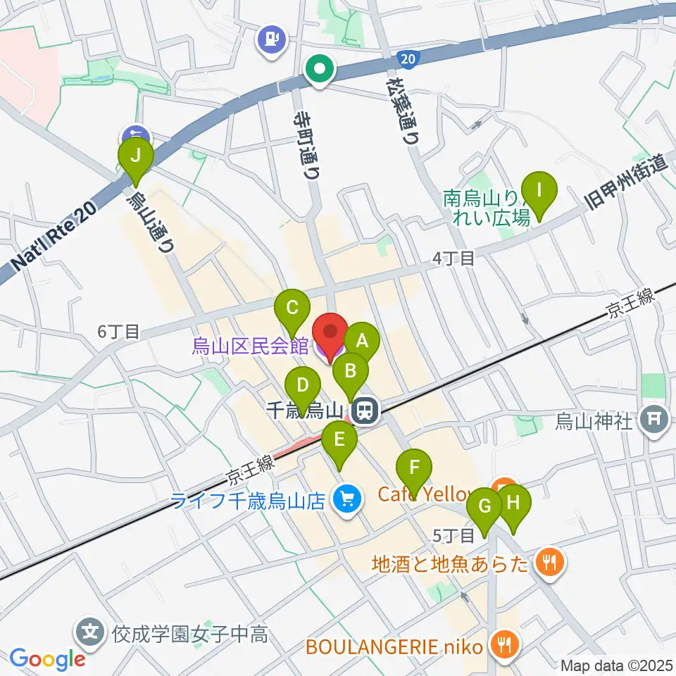 烏山区民会館周辺のコンビニエンスストア一覧地図