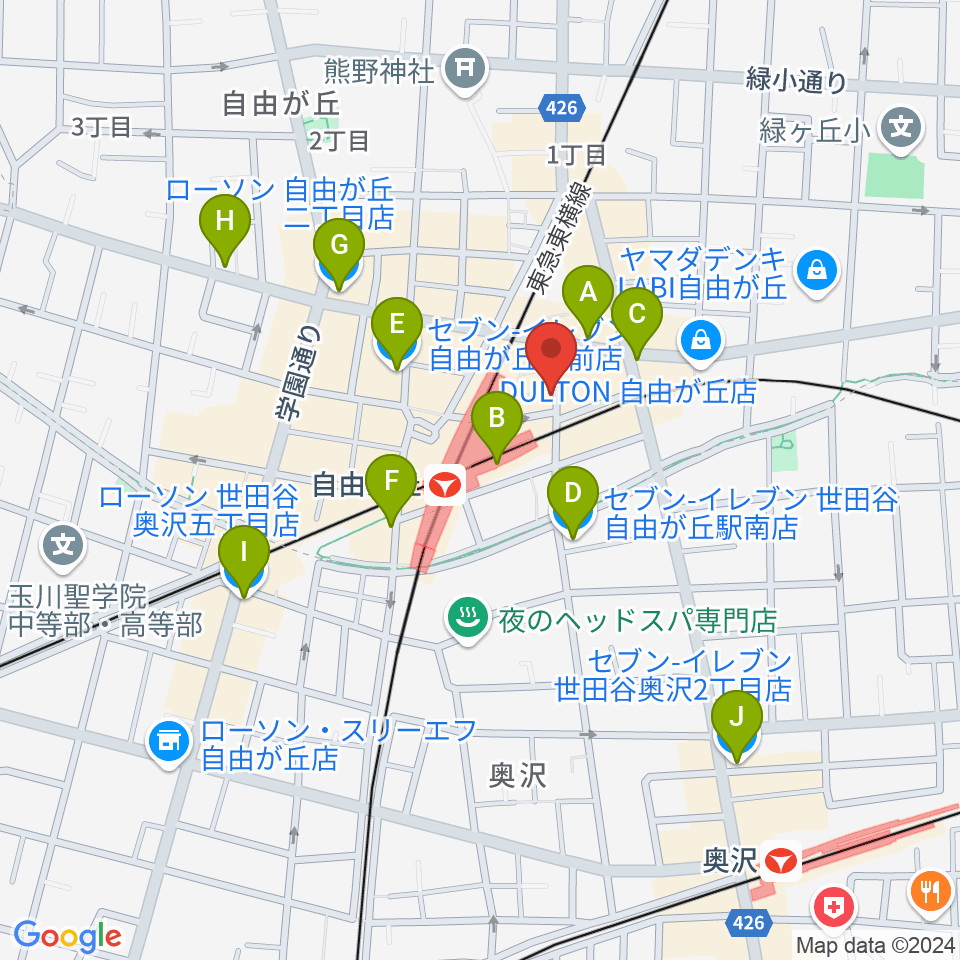 自由が丘グランチェルト周辺のコンビニエンスストア一覧地図