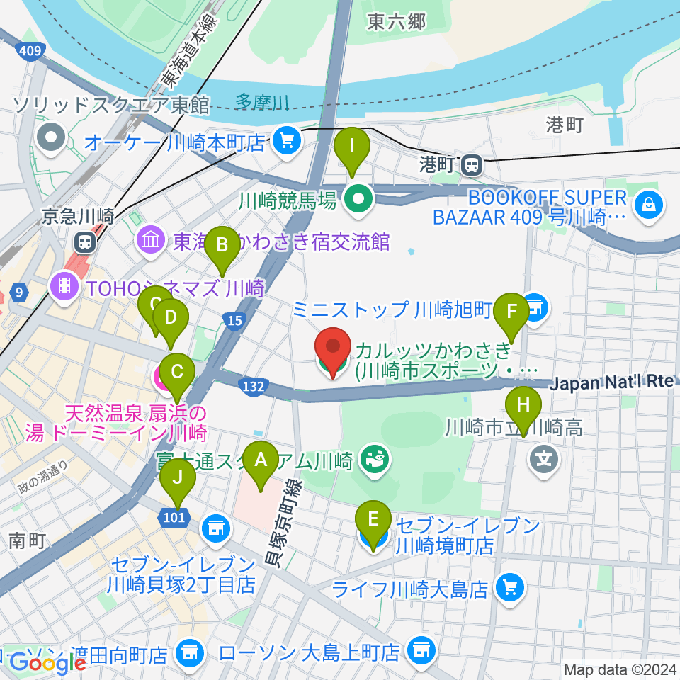 カルッツかわさきホール周辺のコンビニエンスストア一覧地図