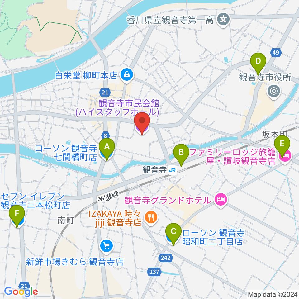 ハイスタッフホール 観音寺市民会館周辺のコンビニエンスストア一覧地図