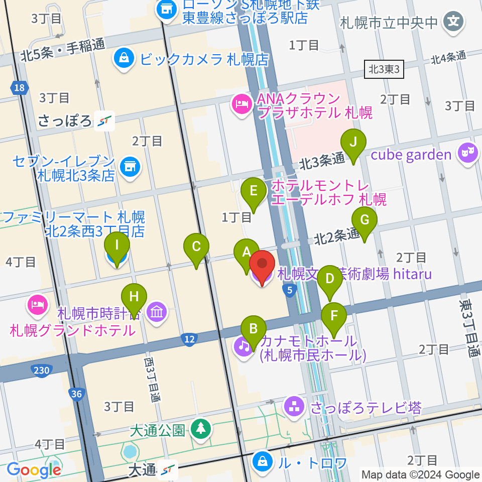 札幌文化芸術劇場 hitaru周辺のコンビニエンスストア一覧地図