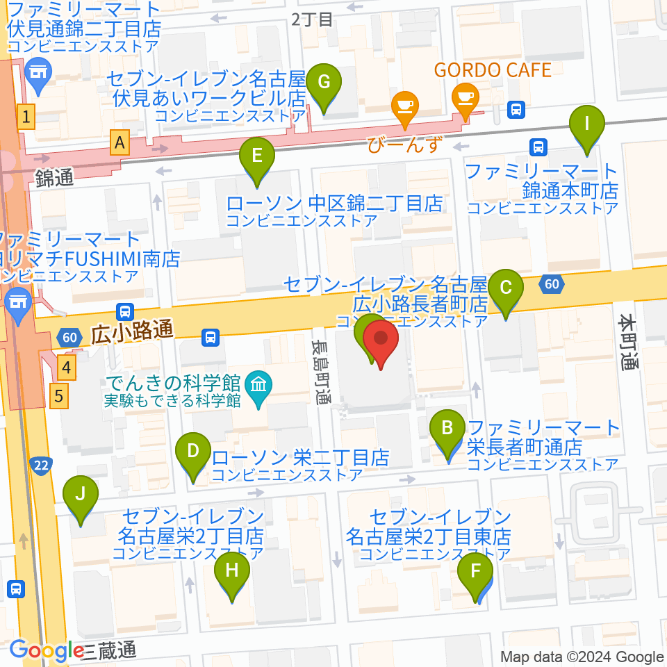 クロサワ楽器名古屋店周辺のコンビニエンスストア一覧地図