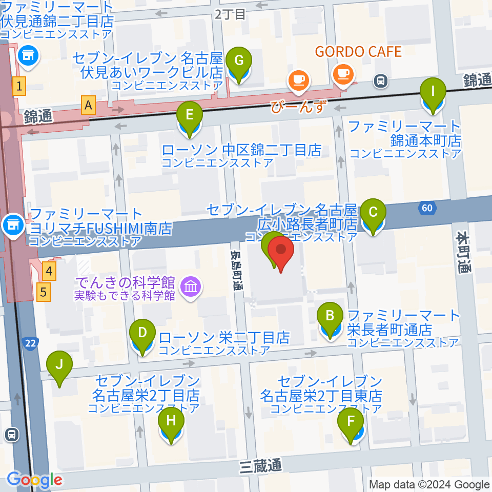 クロサワ楽器名古屋店周辺のコンビニエンスストア一覧地図