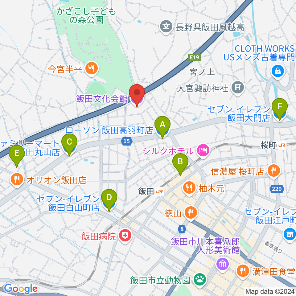 飯田文化会館周辺のコンビニエンスストア一覧地図