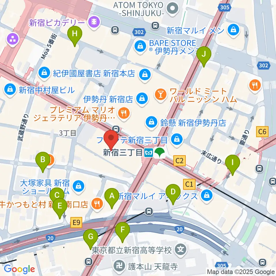 HMV record shop 新宿周辺のコンビニエンスストア一覧地図