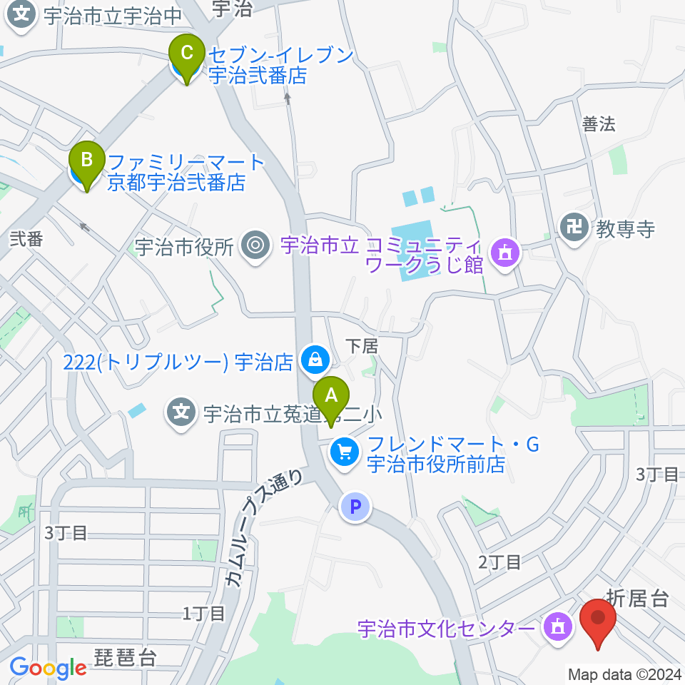 宇治市文化会館周辺のコンビニエンスストア一覧地図