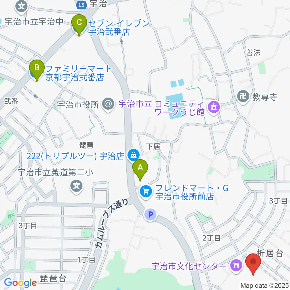 宇治市文化会館周辺のコンビニエンスストア一覧地図