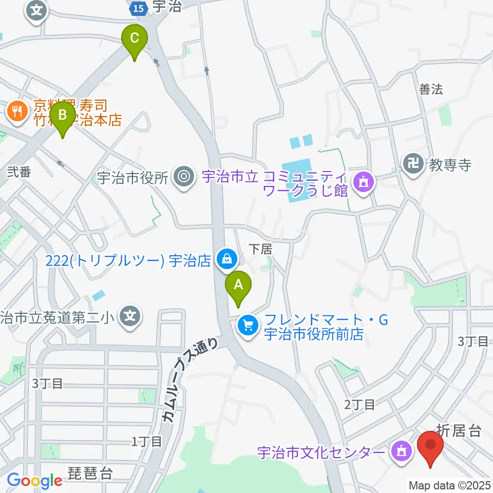 宇治市文化会館周辺のコンビニエンスストア一覧地図