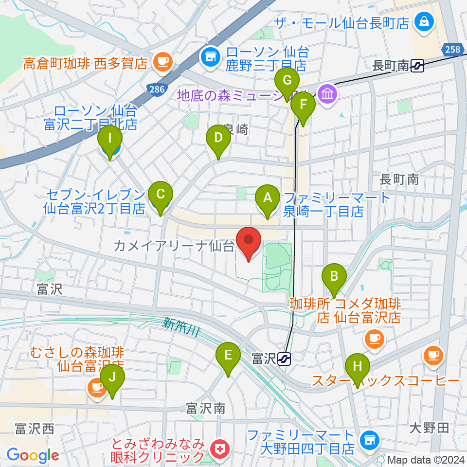 カメイアリーナ仙台周辺のコンビニエンスストア一覧地図