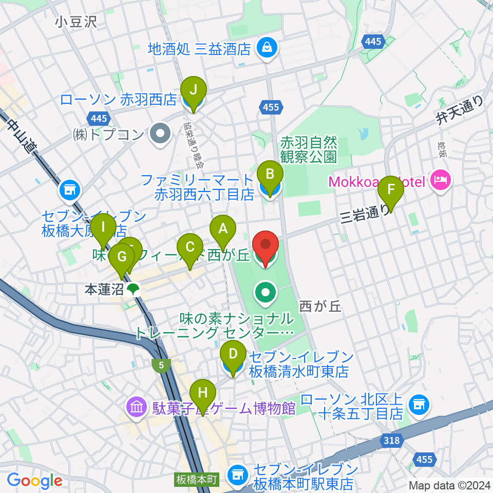 味の素フィールド西が丘周辺のコンビニエンスストア一覧地図