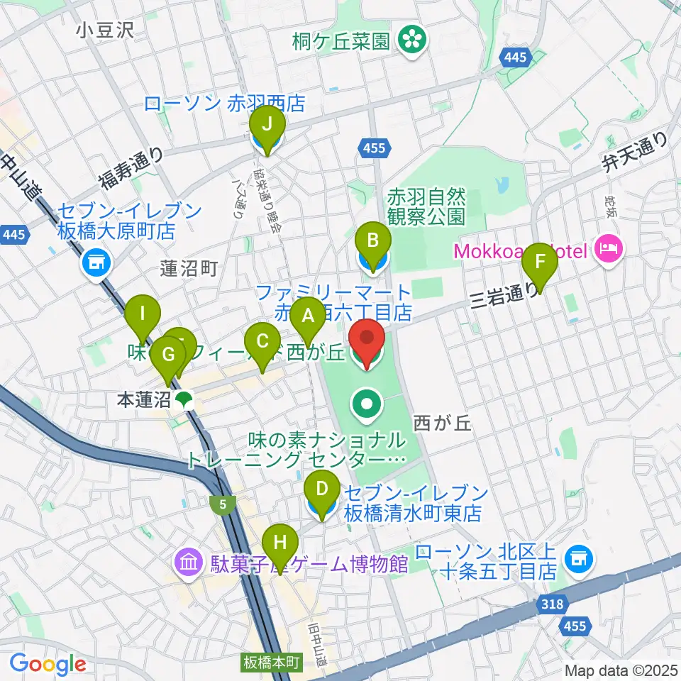 味の素フィールド西が丘周辺のコンビニエンスストア一覧地図