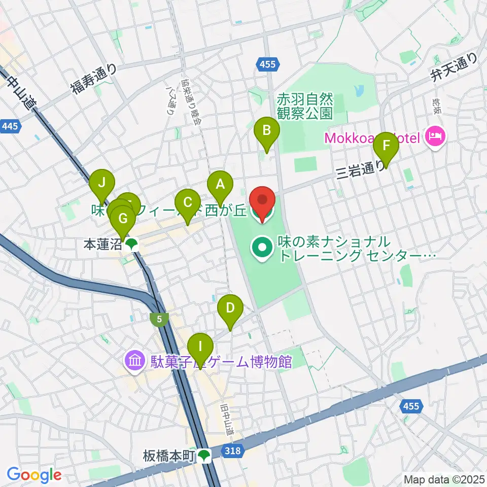 味の素フィールド西が丘周辺のコンビニエンスストア一覧地図