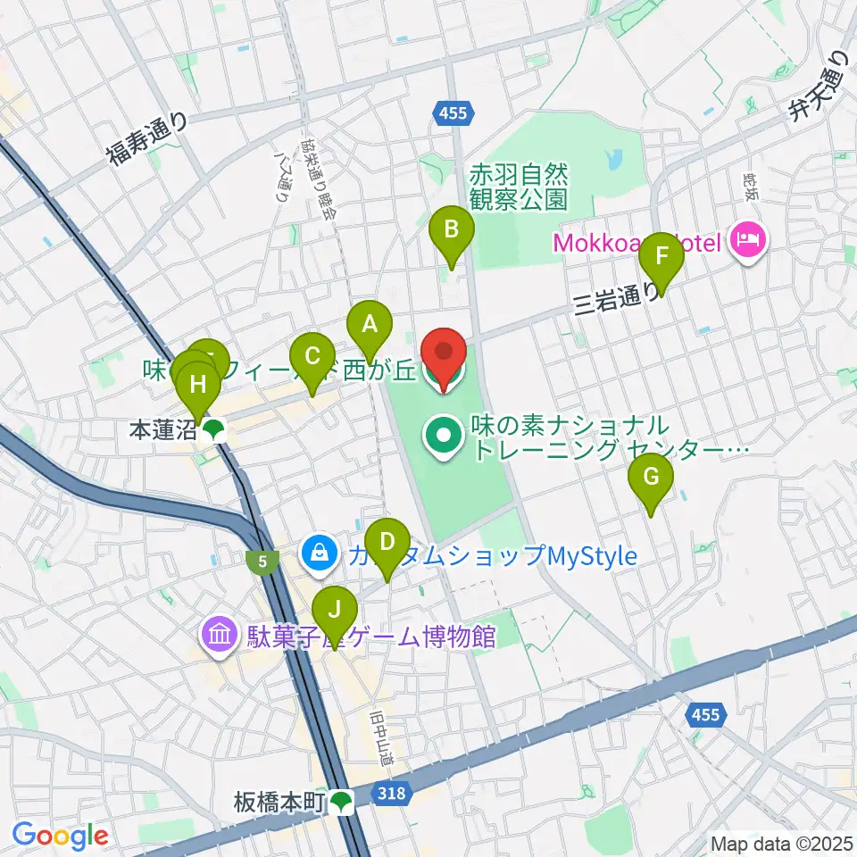 味の素フィールド西が丘周辺のコンビニエンスストア一覧地図