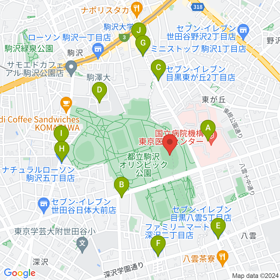 駒沢オリンピック公園陸上競技場周辺のコンビニエンスストア一覧地図