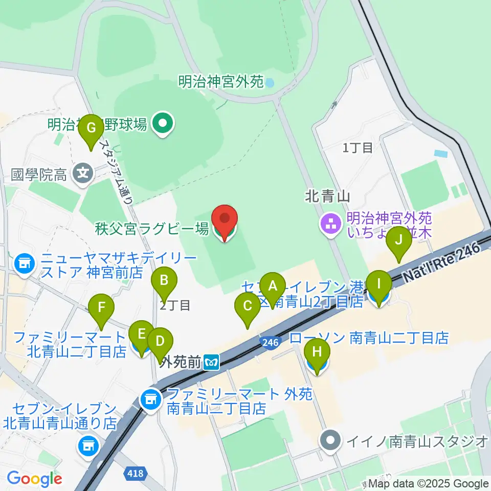 秩父宮ラグビー場周辺のコンビニエンスストア一覧地図