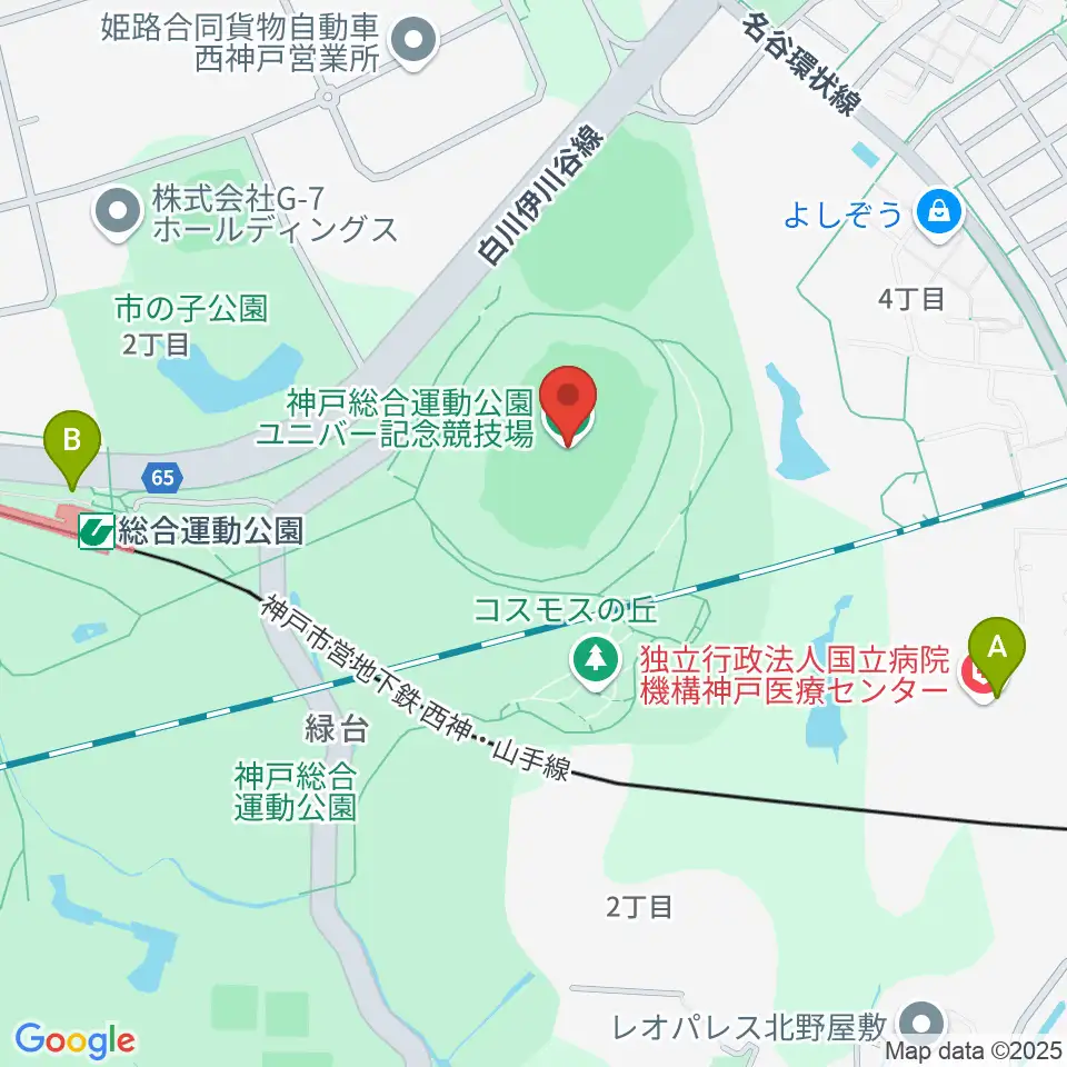 神戸総合運動公園ユニバー記念競技場周辺のコンビニエンスストア一覧地図