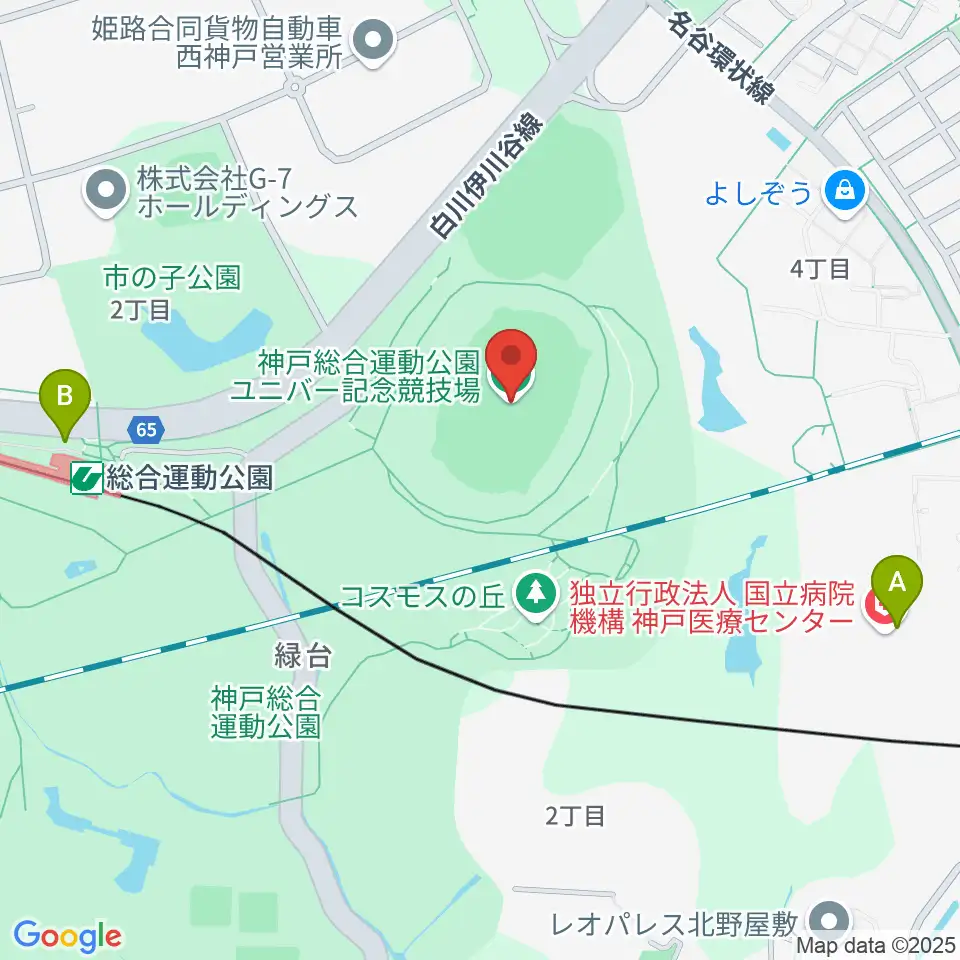 神戸総合運動公園ユニバー記念競技場周辺のコンビニエンスストア一覧地図