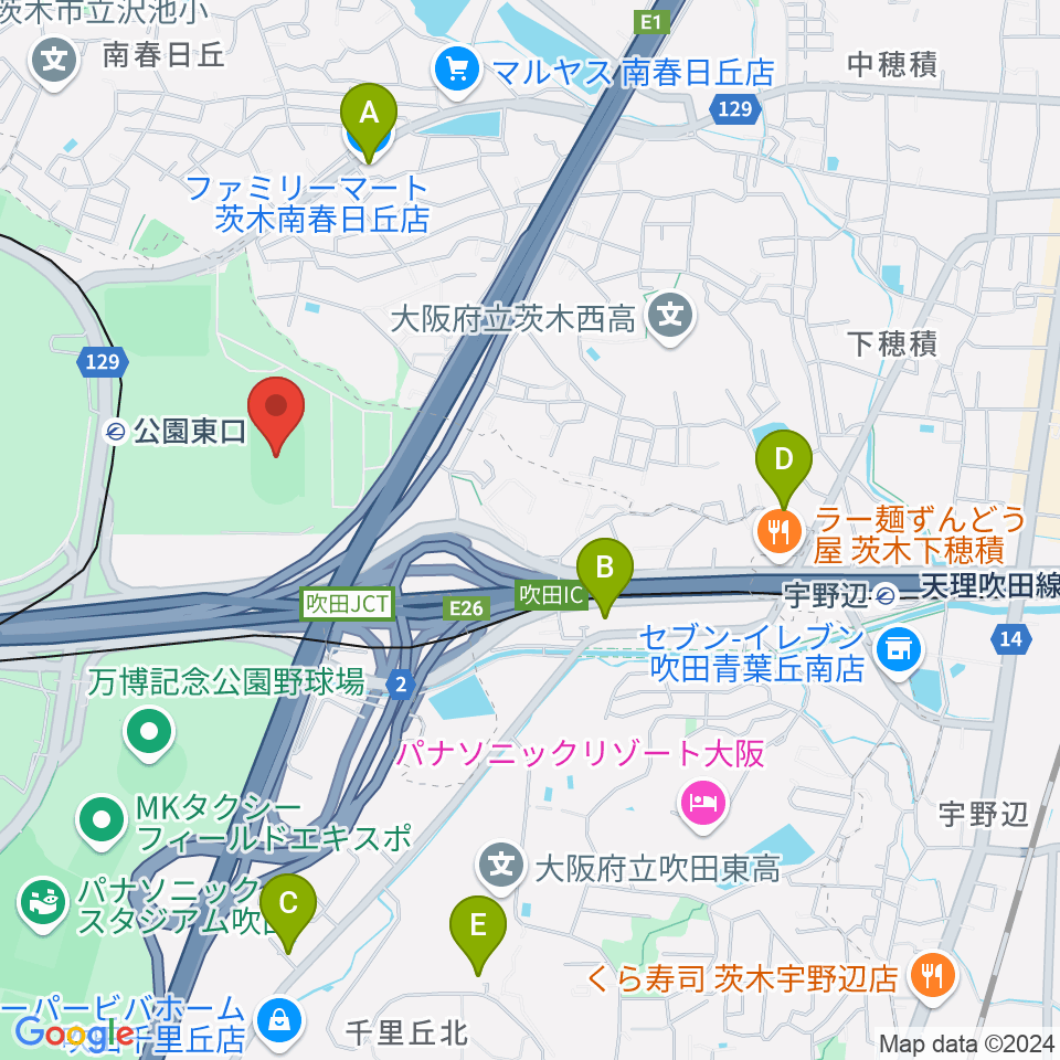 万博記念競技場周辺のコンビニエンスストア一覧地図