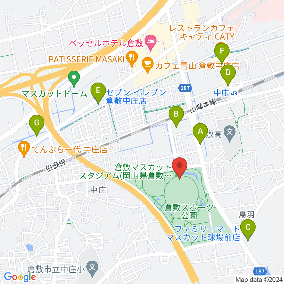 倉敷マスカットスタジアム周辺のコンビニエンスストア一覧地図