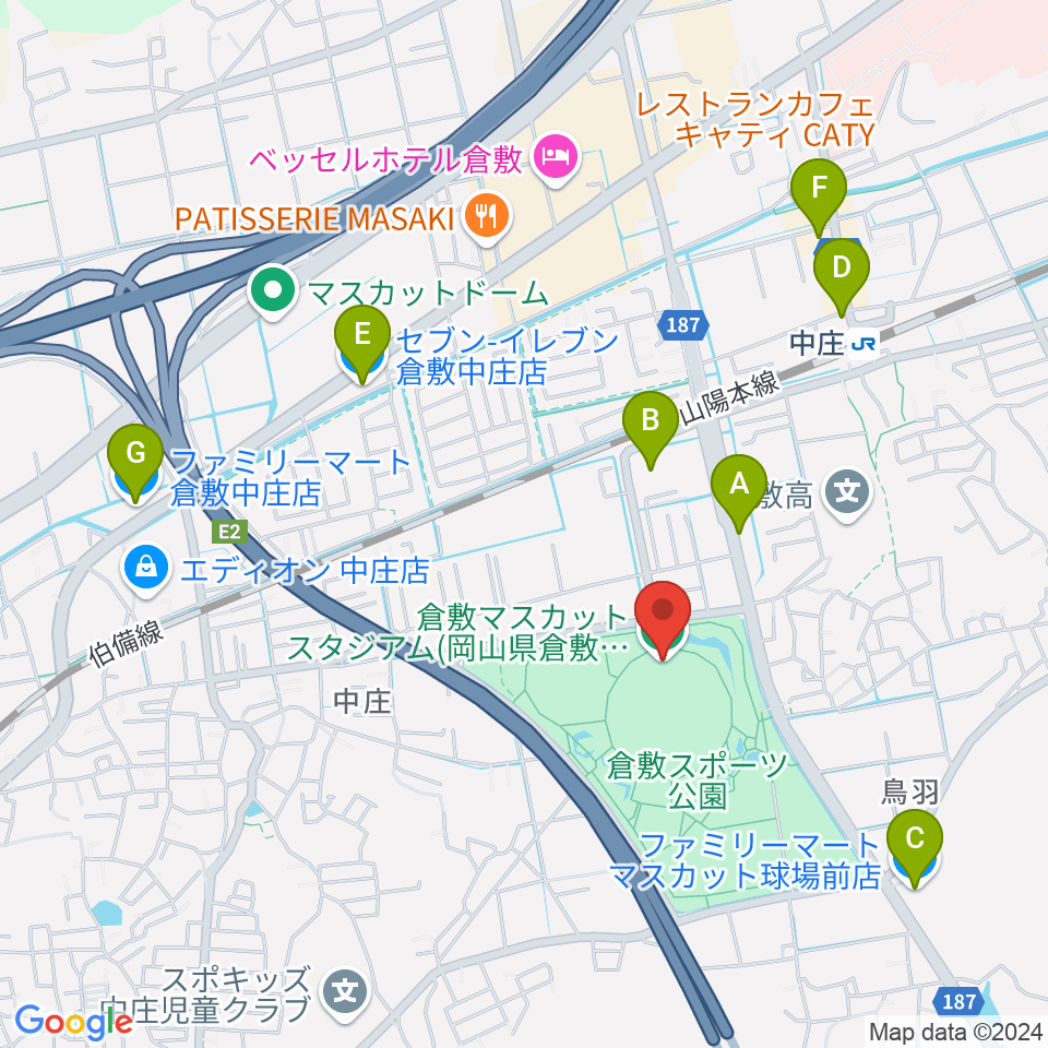 倉敷マスカットスタジアム周辺のコンビニエンスストア一覧地図