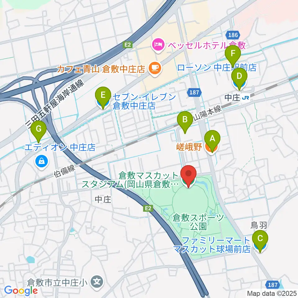 倉敷マスカットスタジアム周辺のコンビニエンスストア一覧地図