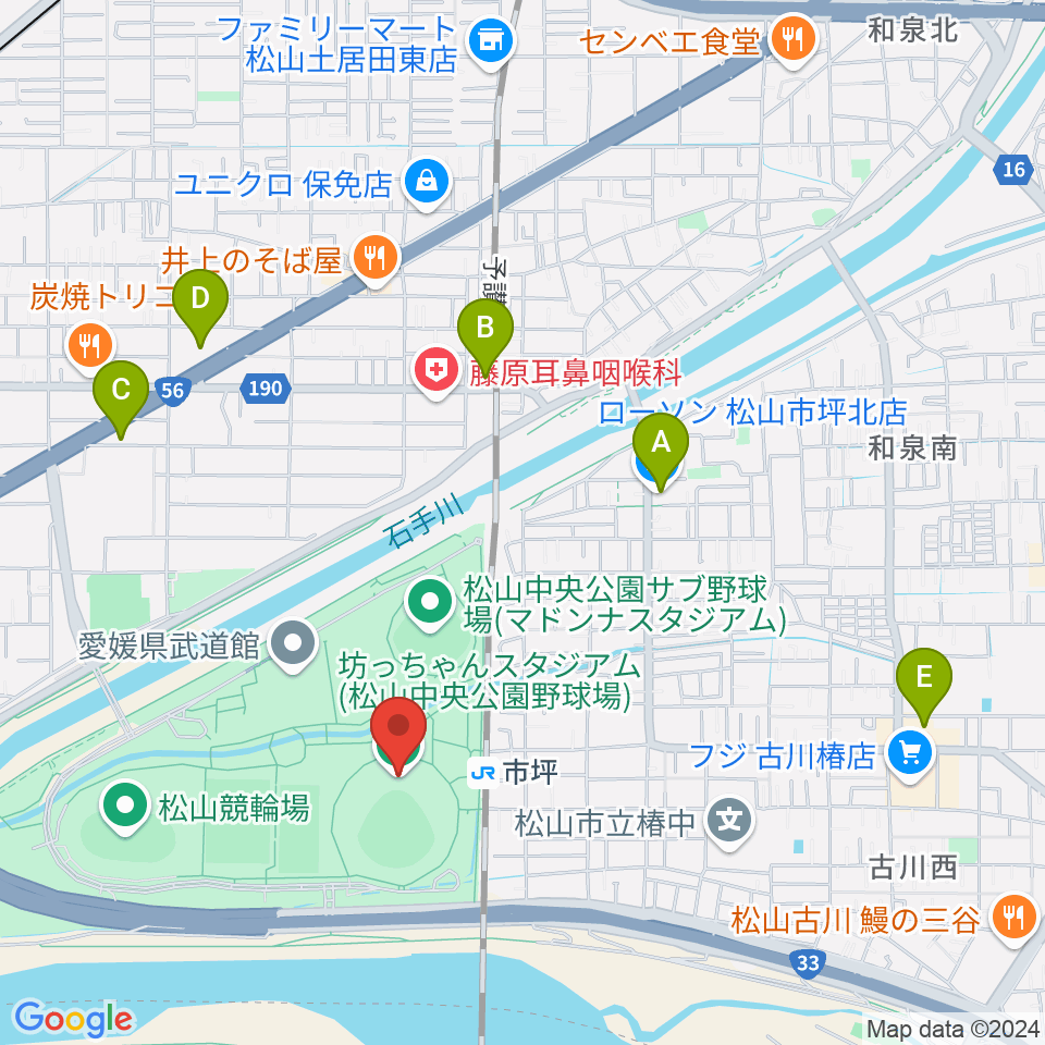 坊っちゃんスタジアム周辺のコンビニエンスストア一覧地図