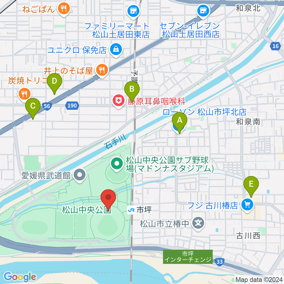 坊っちゃんスタジアム周辺のコンビニエンスストア一覧地図