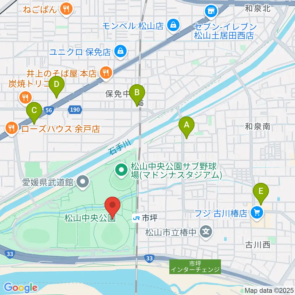 坊っちゃんスタジアム周辺のコンビニエンスストア一覧地図
