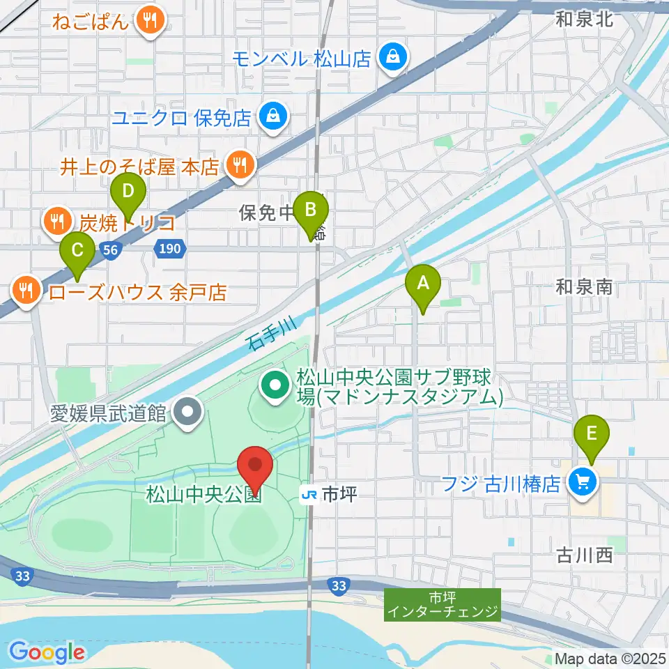 坊っちゃんスタジアム周辺のコンビニエンスストア一覧地図