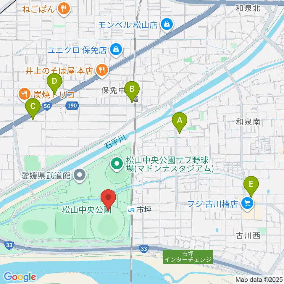 坊っちゃんスタジアム周辺のコンビニエンスストア一覧地図